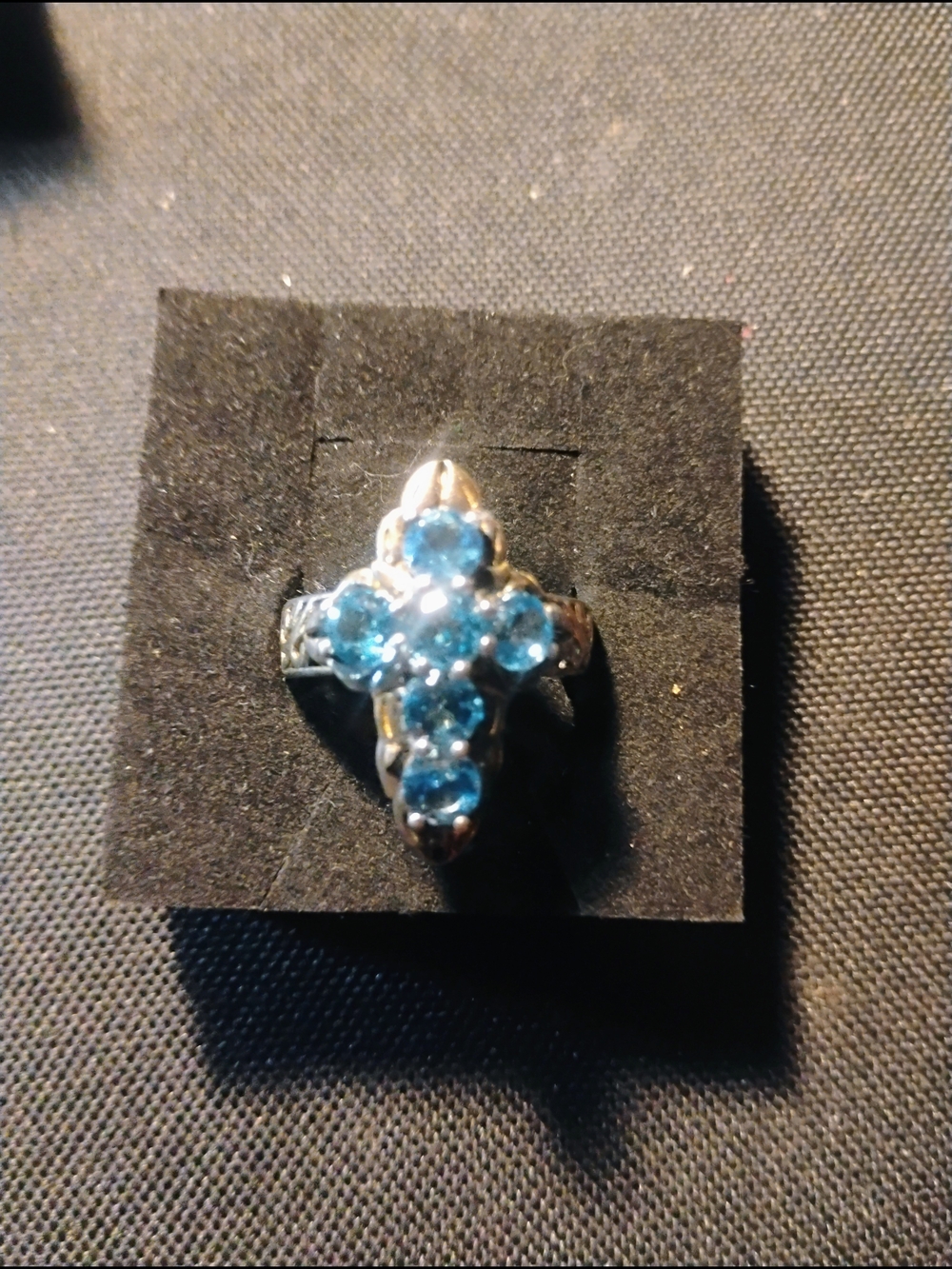 Silver Ring with Blue Gemstone Cross Cluster